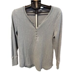 SEVEN7 Women's Lg Thermal Waffle Knit Snap Henley Shirt  Blue Thermal